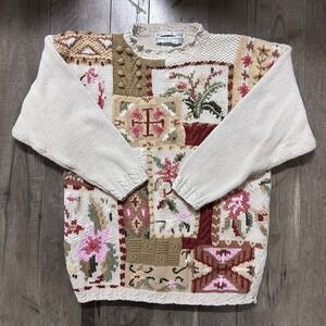 Vintage 90s Jennifer & Company Floral Knit Grandma Sweater Cottagecore Sz M